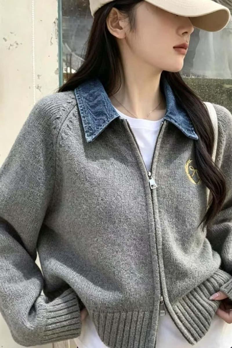폴로 칼라 긴팔 데님 패치워크 더블 지퍼 두꺼운 니트 오픈 가디건 여성 가을 겨울 새로운 느긋한 바람 페이크 레이어드 여성 세트