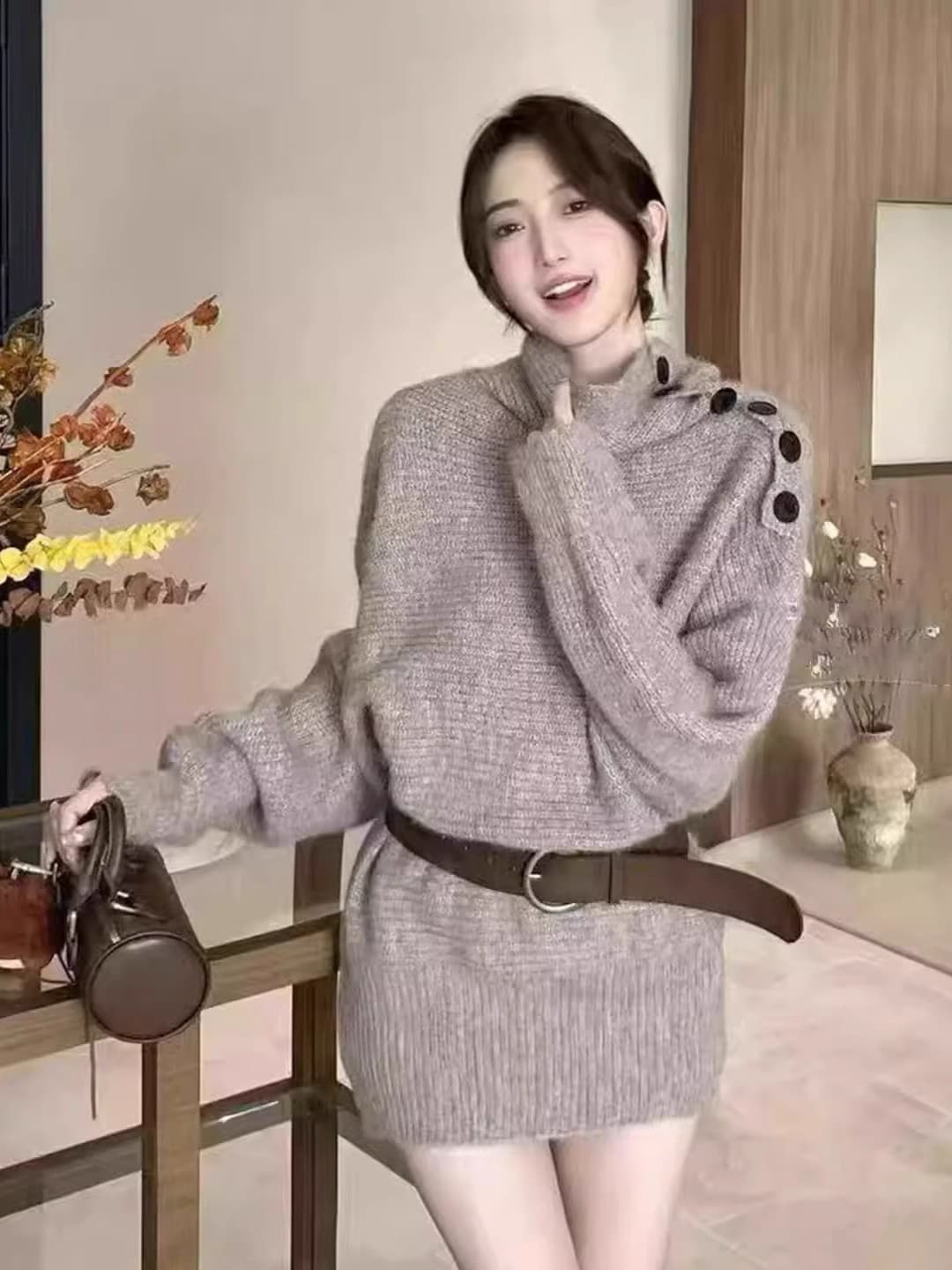 느긋한 바람 비스듬한 어깨 스웨터 여자 가을 겨울 고급 센스 오프숄더 니트 스웨터 루즈핏 슬림해 보이는 긴팔 두꺼운 풀오버 맨위 상세 이미지 1