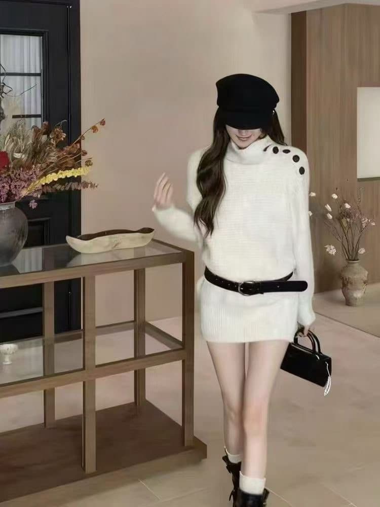 느긋한 바람 비스듬한 어깨 스웨터 여자 가을 겨울 고급 센스 오프숄더 니트 스웨터 루즈핏 슬림해 보이는 긴팔 두꺼운 풀오버 맨위 상세 이미지 4