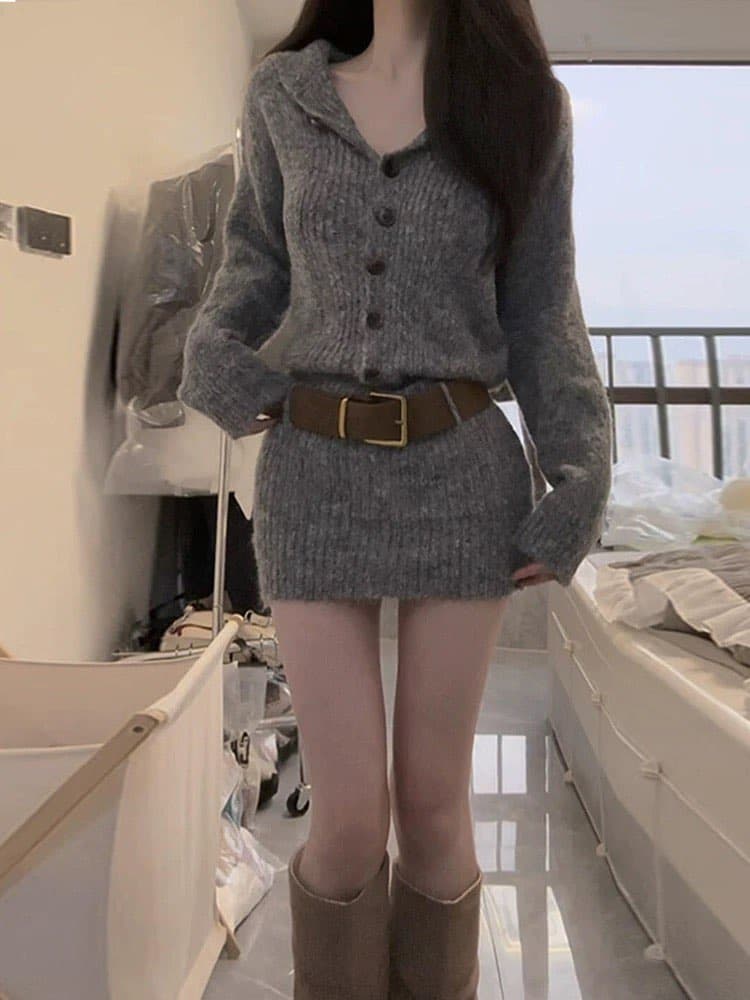 회색 폴로 칼라 스웨터 니트 드레스 아이들 가을 겨울 작은 키 섹시함 몸매 가꾸기 타이트 스커트 미니 스커트 상세 이미지 1
