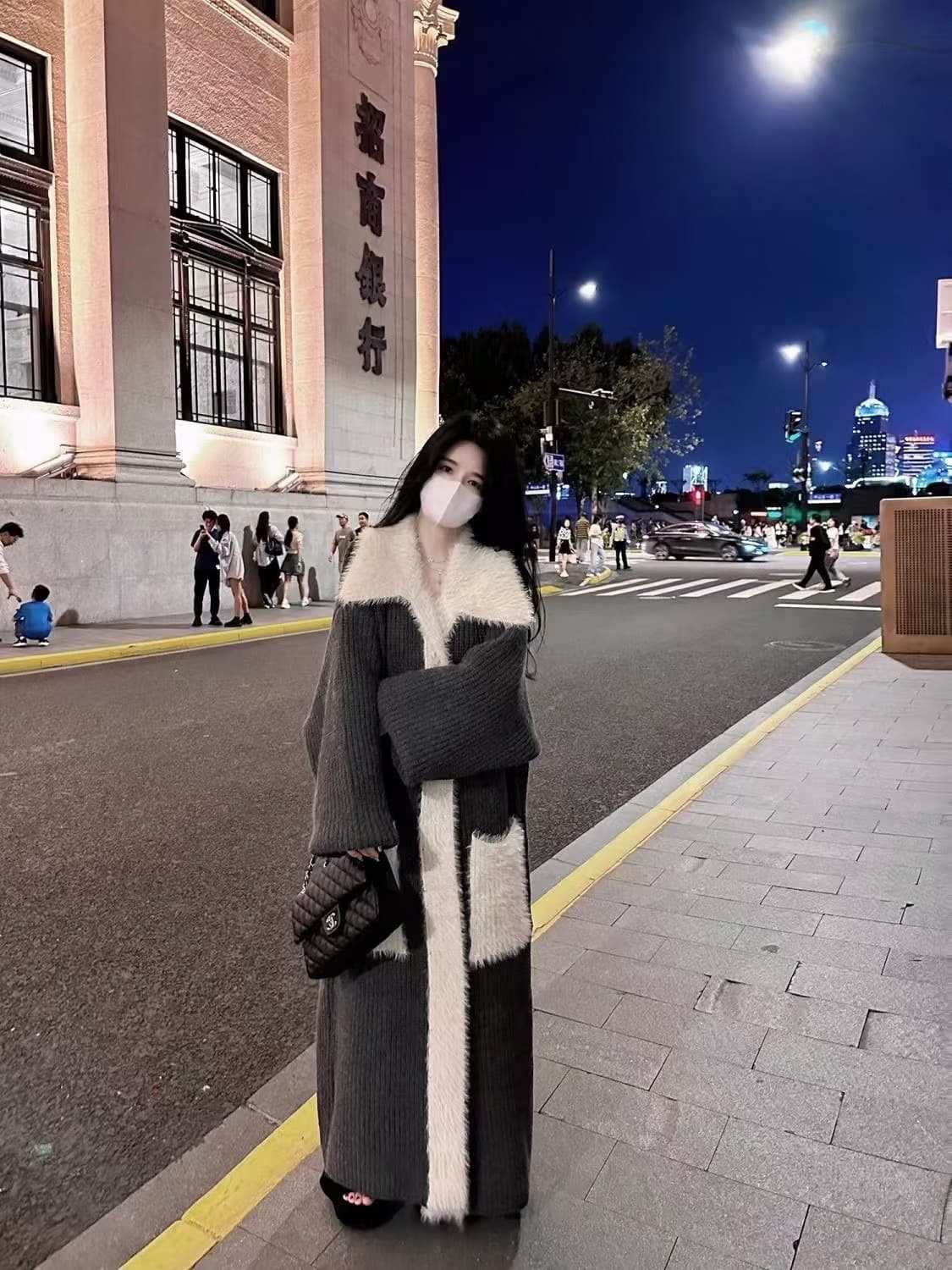 늦가을 초 겨울 착용 가져 가라. 모피 칼라 무릎 아래 롱 코트 싸움 밍크 플리스 모피 고급 센스 오픈 가디건 스웨터 느긋한 바람 재킷 이미지 2