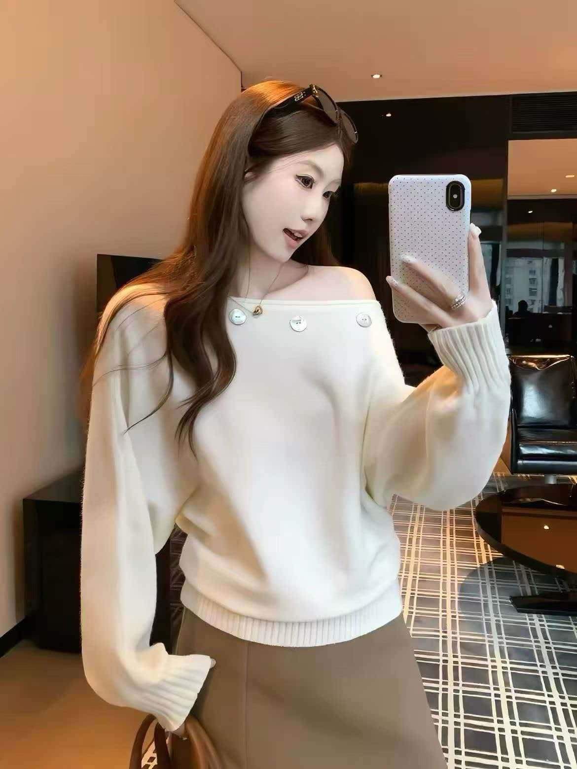 보트넥 오프숄더 가을 느긋한 바람 비스듬한 어깨 니트 스웨터 작은 셔츠 상세 이미지 4