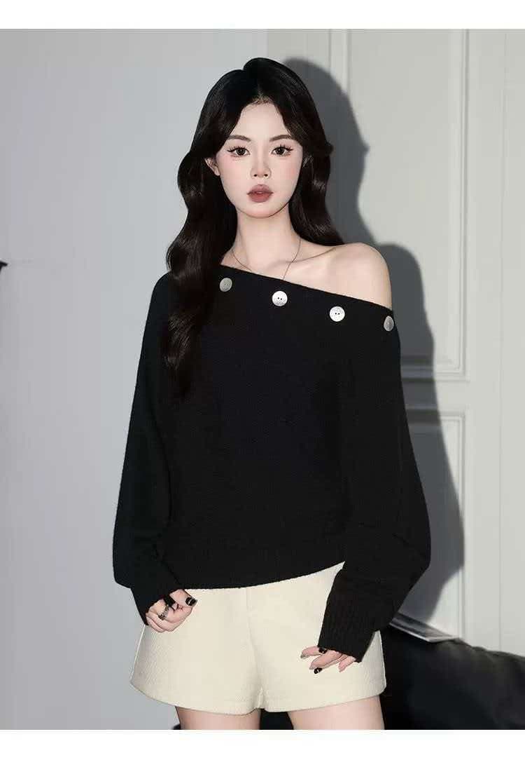 보트넥 오프숄더 가을 느긋한 바람 비스듬한 어깨 니트 스웨터 작은 셔츠 상세 이미지 5