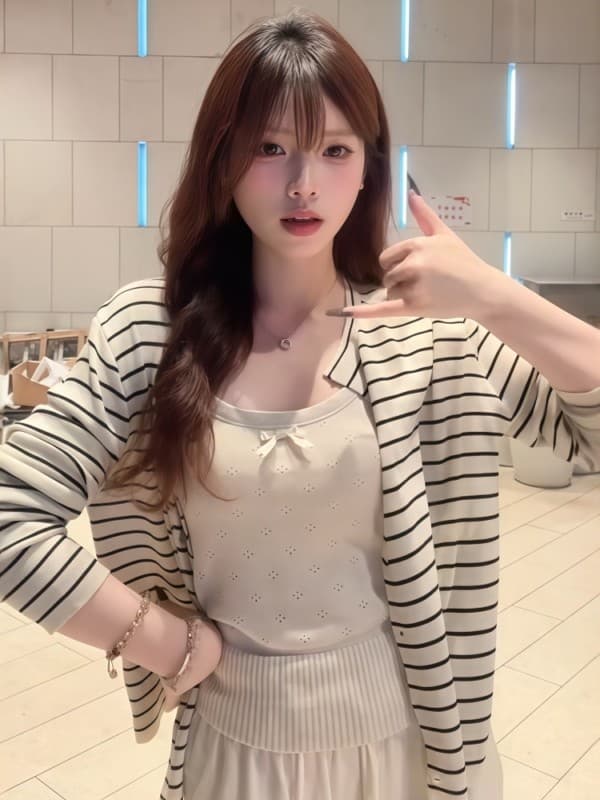 순수한 욕망 흑백 줄무늬 얇은 스타일 니트 오픈 가디건 통기성 자외선 차단 긴팔 부드러운 다용도 슬림해 보이는 작은 외투 여성 이른 가을 상세 이미지 1