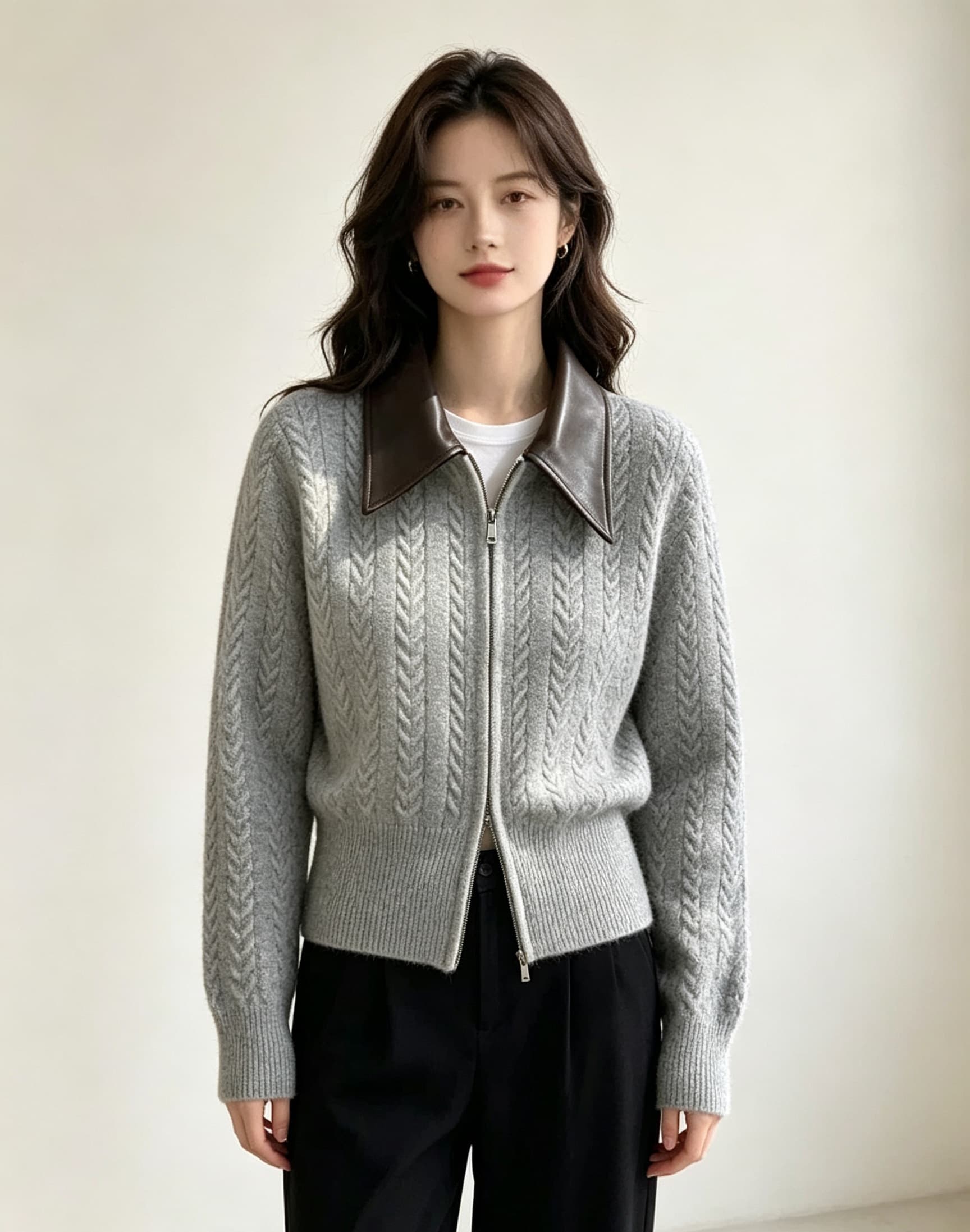 여성 의류 polo 가죽 고리 패치워크 니트 오픈 가디건 여성 루즈핏 다용도 캐주얼 재킷 슬림해 보이는 트렌디 이미지 4