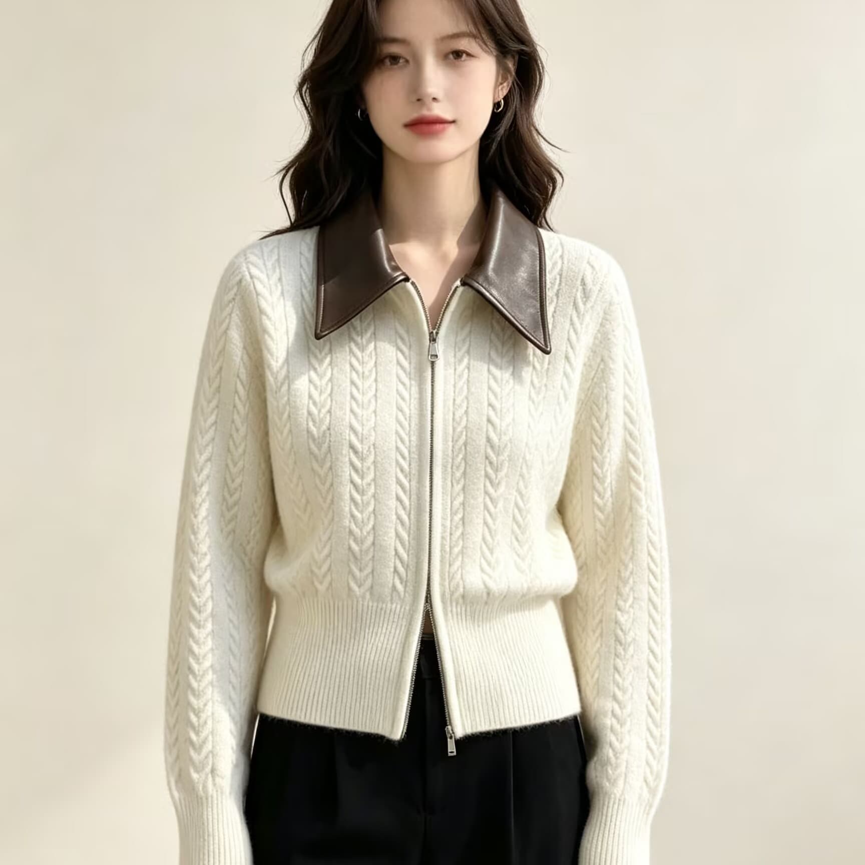 여성 의류 polo 가죽 고리 패치워크 니트 오픈 가디건 여성 루즈핏 다용도 캐주얼 재킷 슬림해 보이는 트렌디 이미지 5