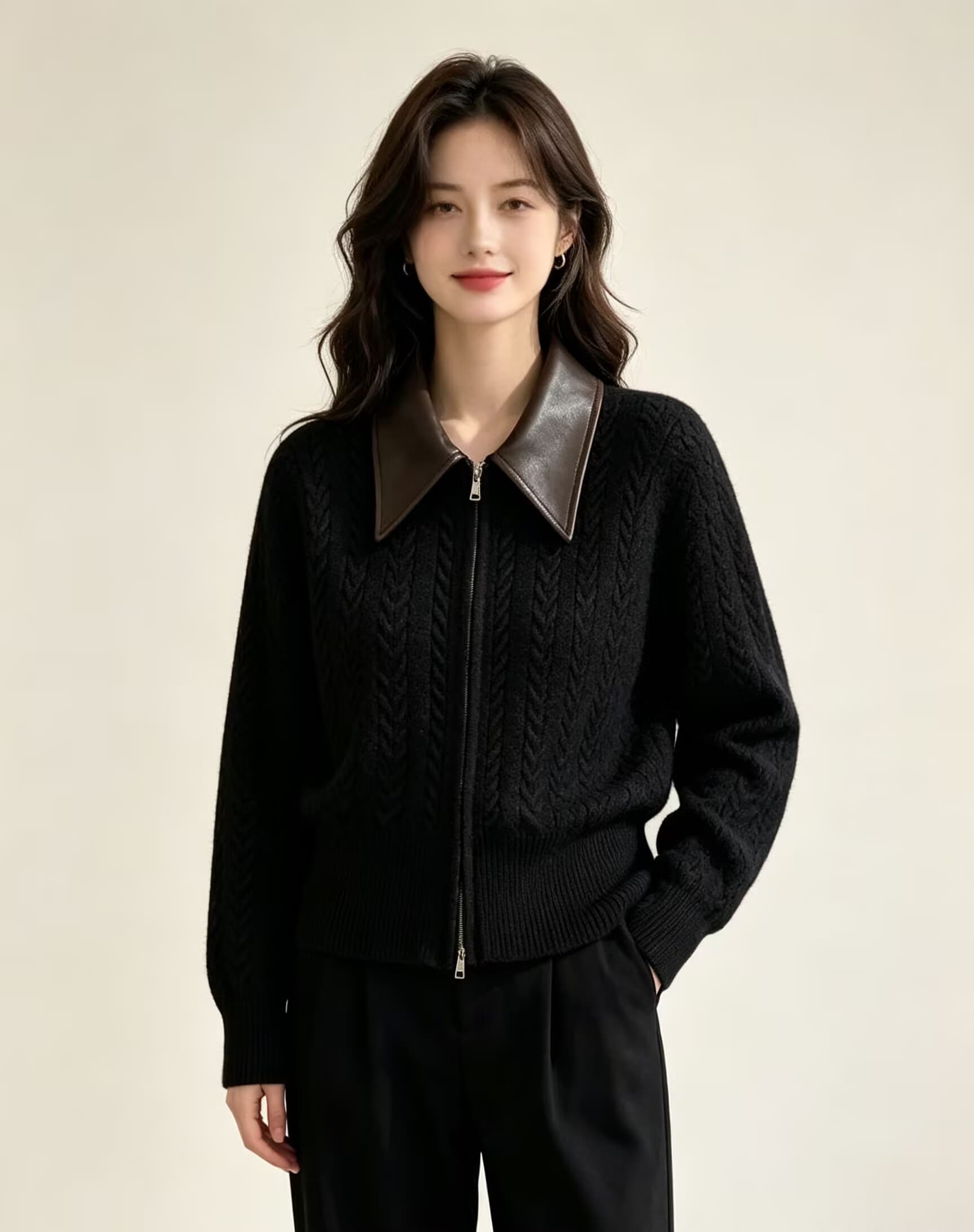 여성 의류 polo 가죽 고리 패치워크 니트 오픈 가디건 여성 루즈핏 다용도 캐주얼 재킷 슬림해 보이는 트렌디 상세 이미지 3