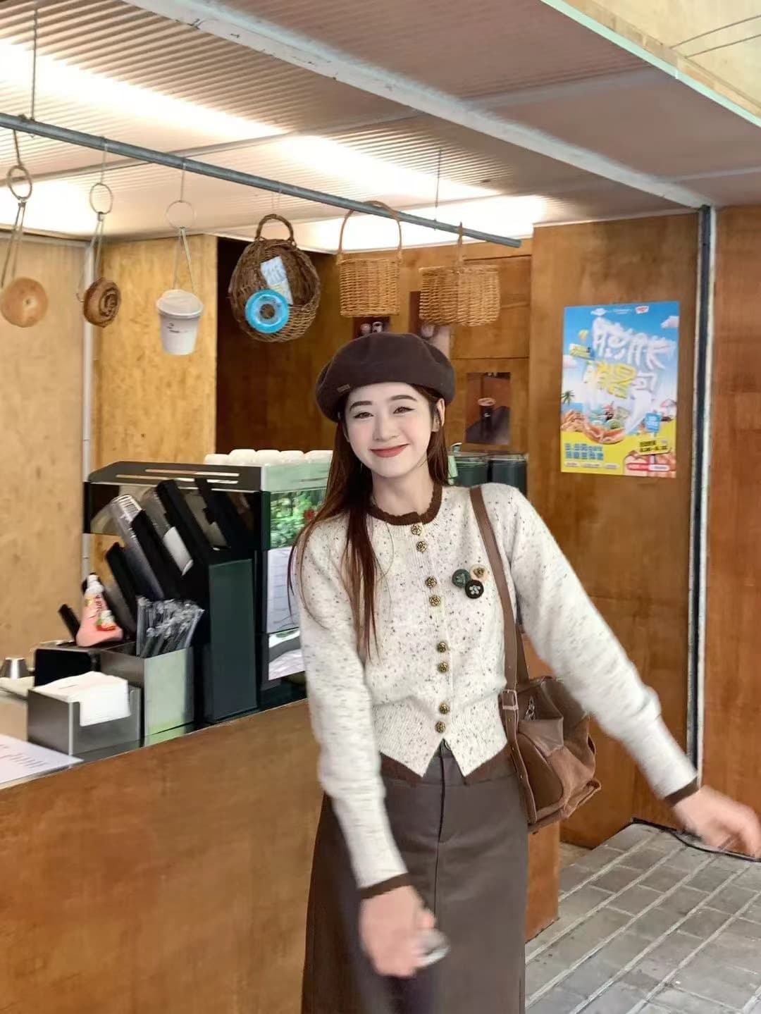 한 부서 라운드 칼라 포인트 실 오픈 가디건 스웨터 여성 코트 가을 겨울 새로운 작은 키 디자인 센스 니트 스웨터 패치워크 색상 맨위 이미지 3