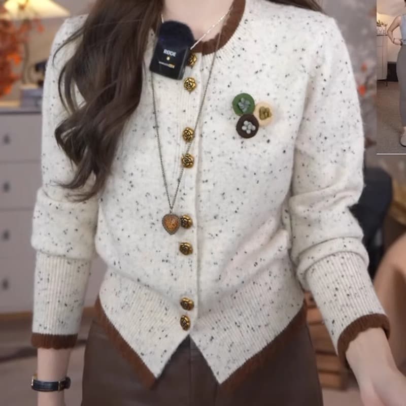 한 부서 라운드 칼라 포인트 실 오픈 가디건 스웨터 여성 코트 가을 겨울 새로운 작은 키 디자인 센스 니트 스웨터 패치워크 색상 맨위 이미지 2