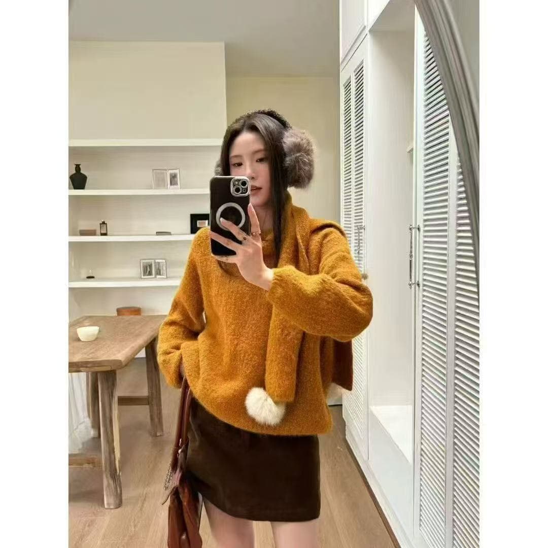 프랑스식 느긋한 센스 루즈핏 크리스마스 니트 스웨터 경기 털 공 스카프 니트 스웨터 상세 이미지 2