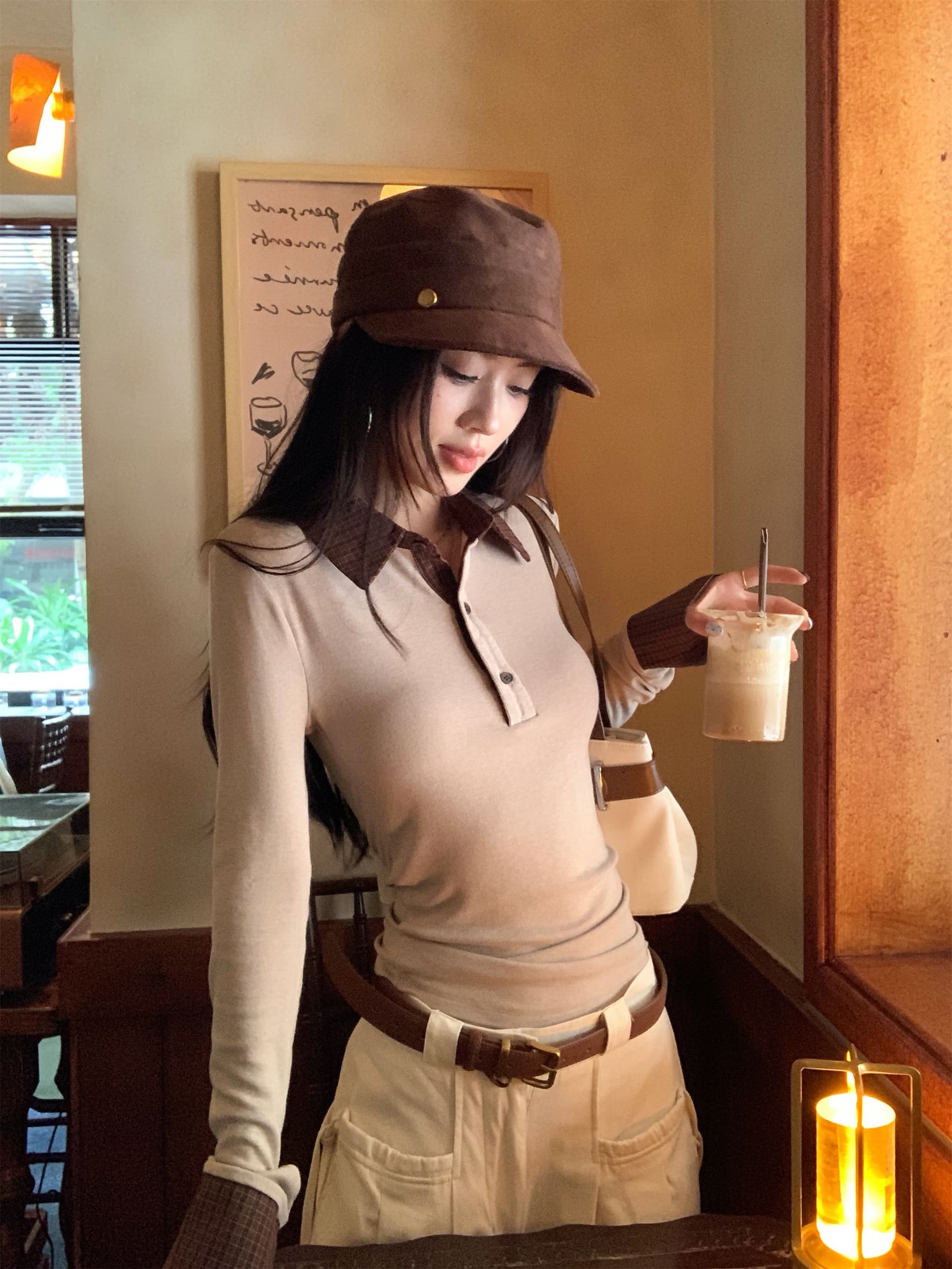 아름다움 라드. 패치워크 체크무늬 폴로 칼라 긴팔 티셔츠 여성 가을 몸매 가꾸기 슬림해 보이는 다용도 연령 감소 맨위 이미지 3