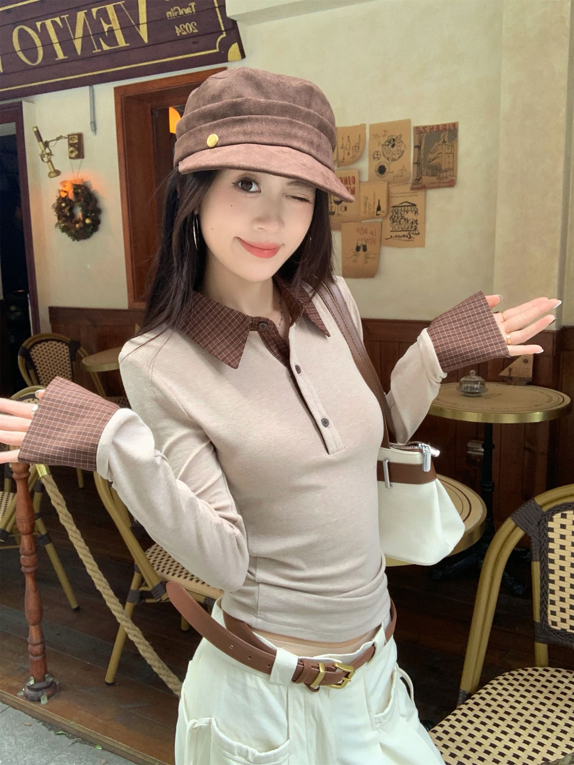 아름다움 라드. 패치워크 체크무늬 폴로 칼라 긴팔 티셔츠 여성 가을 몸매 가꾸기 슬림해 보이는 다용도 연령 감소 맨위 이미지 2