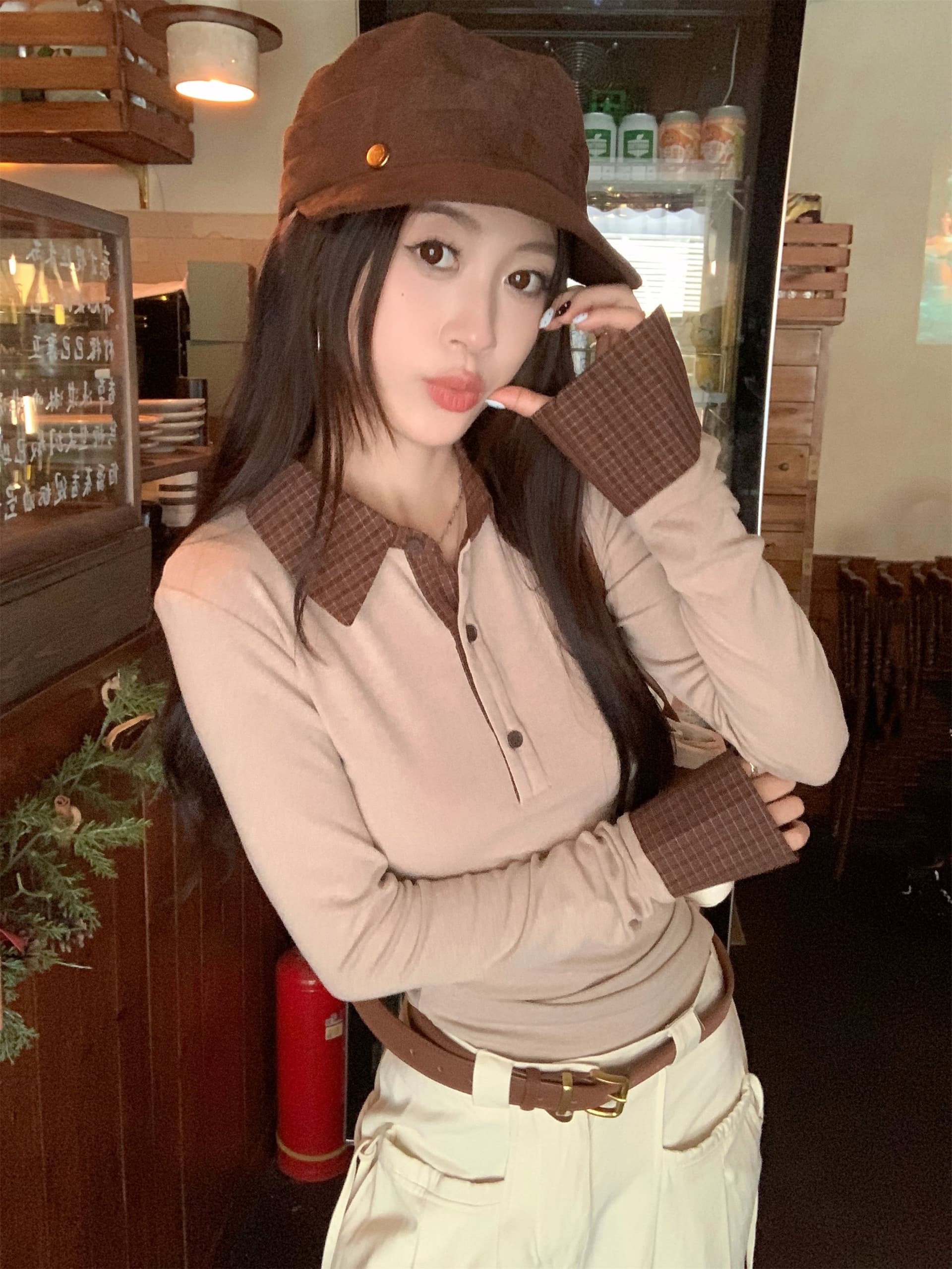 아름다움 라드. 패치워크 체크무늬 폴로 칼라 긴팔 티셔츠 여성 가을 몸매 가꾸기 슬림해 보이는 다용도 연령 감소 맨위 상세 이미지 3