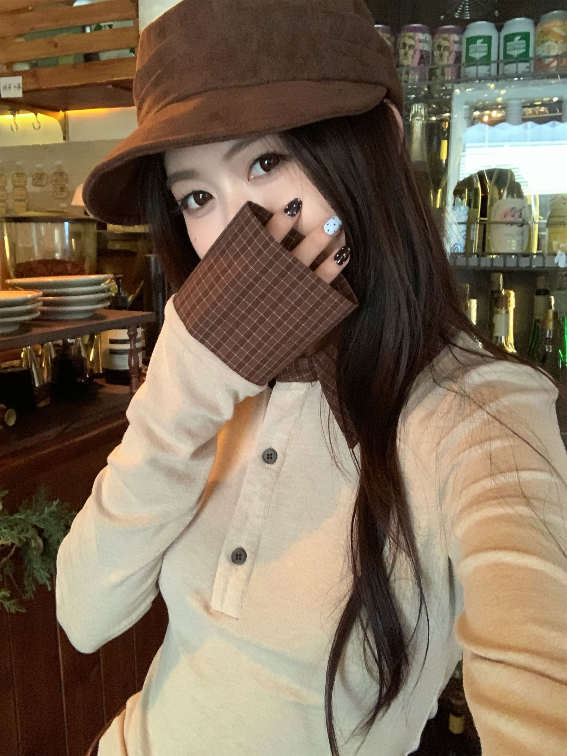 아름다움 라드. 패치워크 체크무늬 폴로 칼라 긴팔 티셔츠 여성 가을 몸매 가꾸기 슬림해 보이는 다용도 연령 감소 맨위 상세 이미지 4