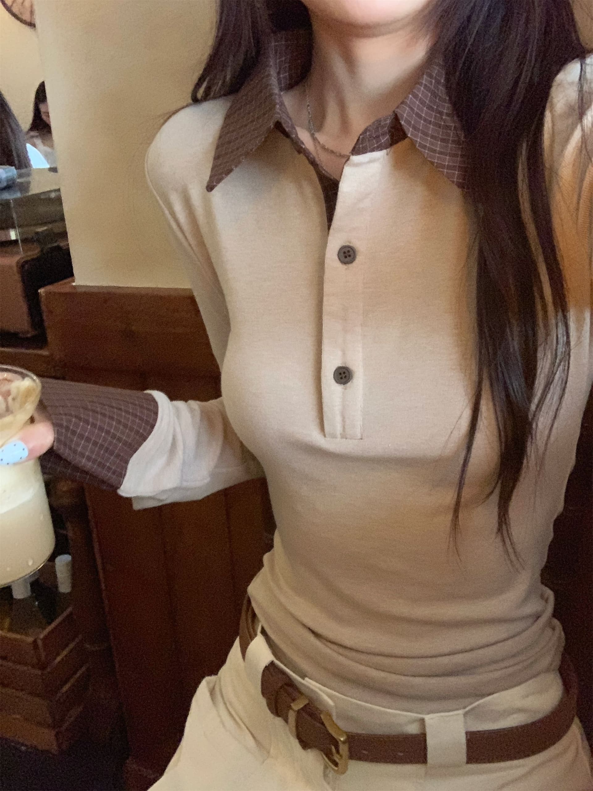아름다움 라드. 패치워크 체크무늬 폴로 칼라 긴팔 티셔츠 여성 가을 몸매 가꾸기 슬림해 보이는 다용도 연령 감소 맨위 상세 이미지 5