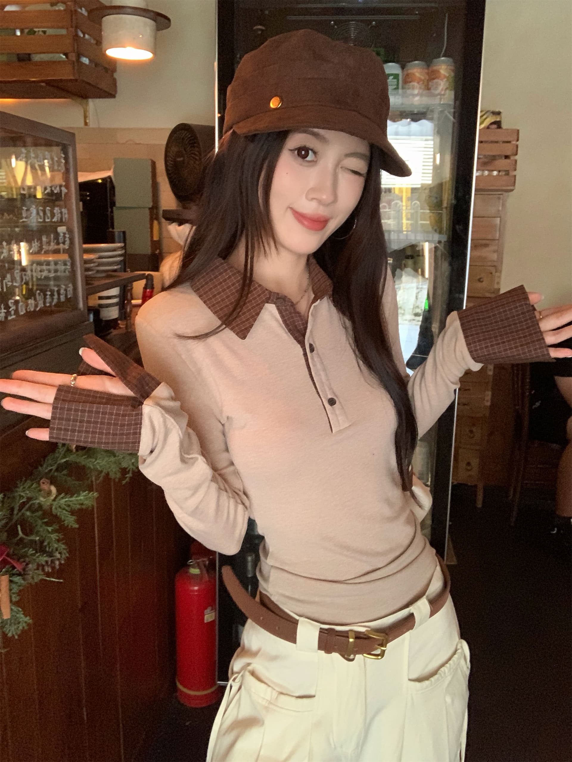 아름다움 라드. 패치워크 체크무늬 폴로 칼라 긴팔 티셔츠 여성 가을 몸매 가꾸기 슬림해 보이는 다용도 연령 감소 맨위 상세 이미지 6