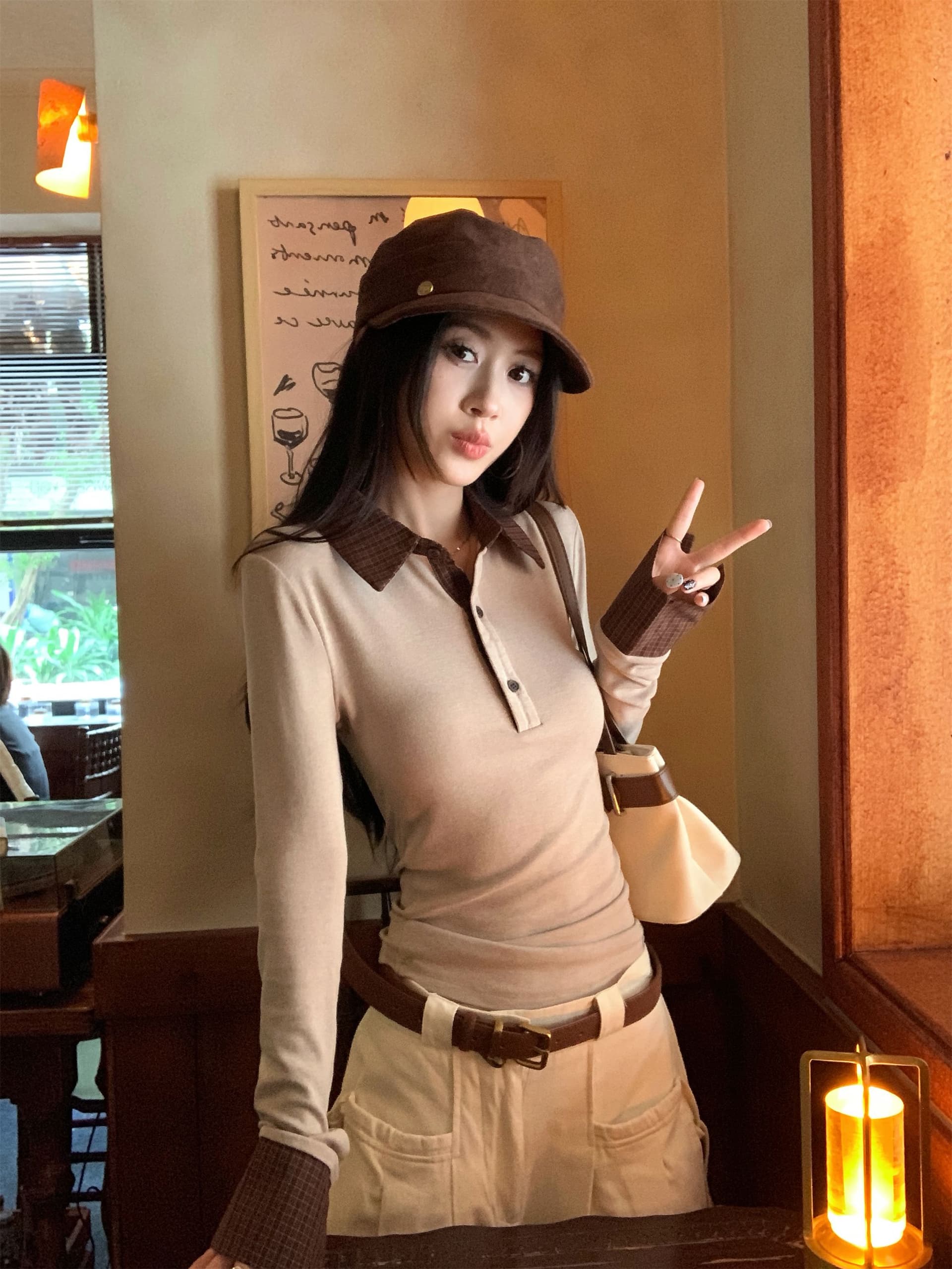 아름다움 라드. 패치워크 체크무늬 폴로 칼라 긴팔 티셔츠 여성 가을 몸매 가꾸기 슬림해 보이는 다용도 연령 감소 맨위 상세 이미지 8