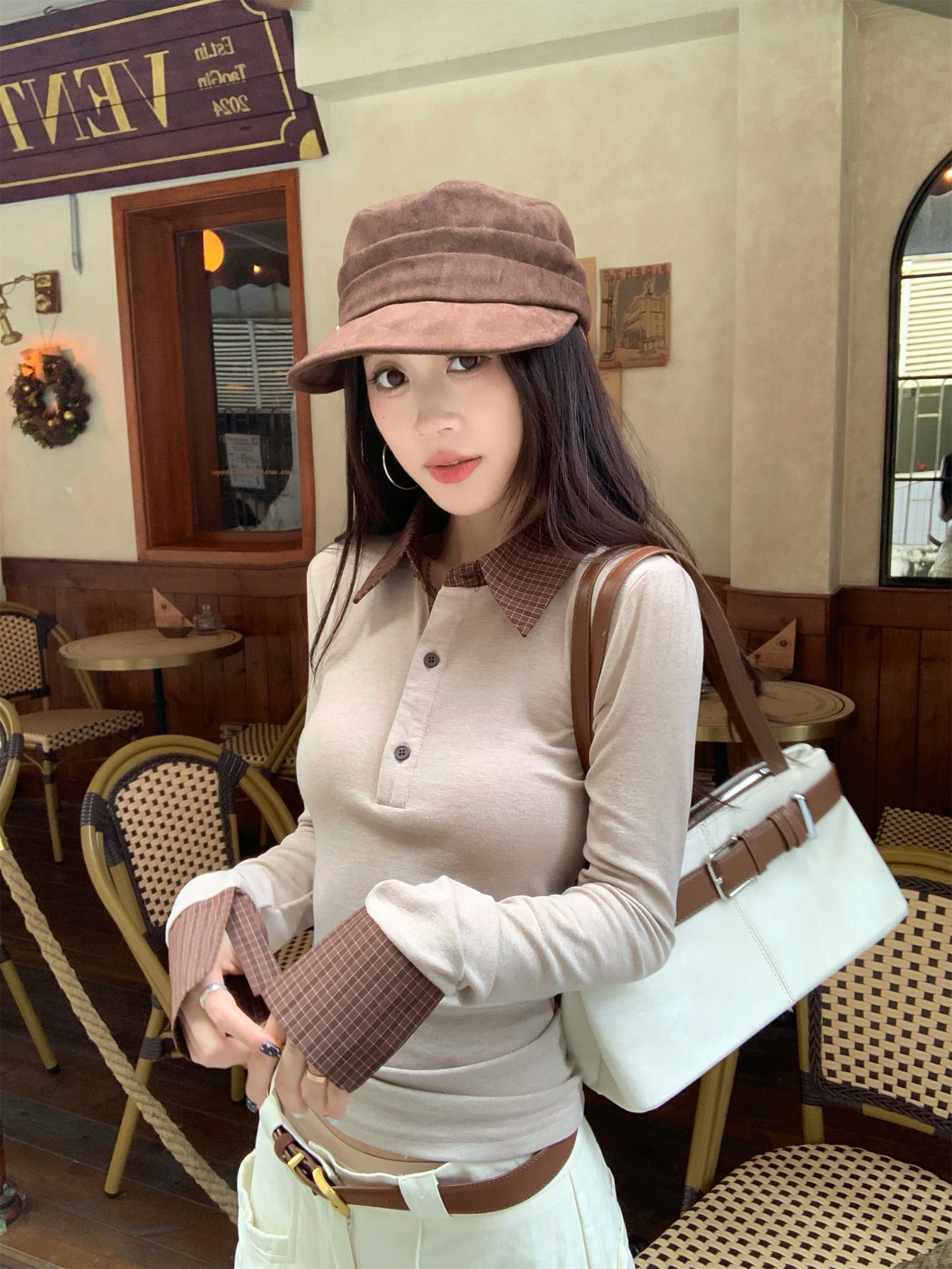 아름다움 라드. 패치워크 체크무늬 폴로 칼라 긴팔 티셔츠 여성 가을 몸매 가꾸기 슬림해 보이는 다용도 연령 감소 맨위 상세 이미지 20