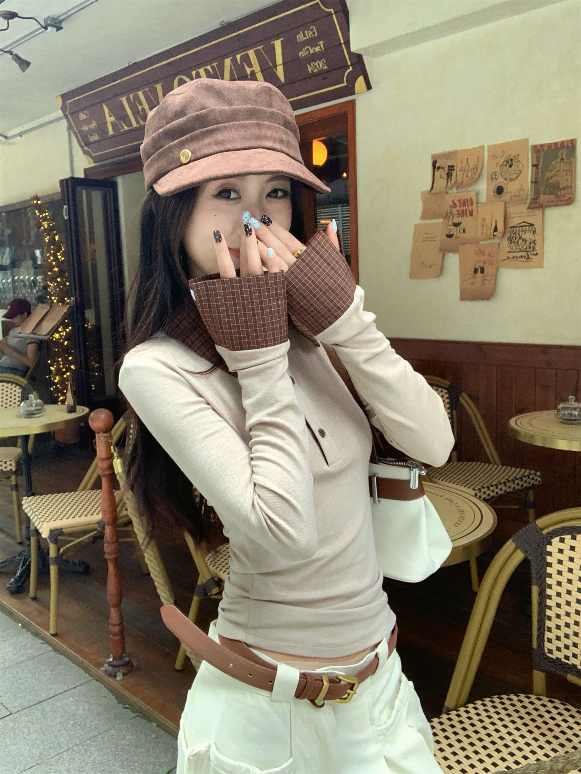 아름다움 라드. 패치워크 체크무늬 폴로 칼라 긴팔 티셔츠 여성 가을 몸매 가꾸기 슬림해 보이는 다용도 연령 감소 맨위 상세 이미지 22