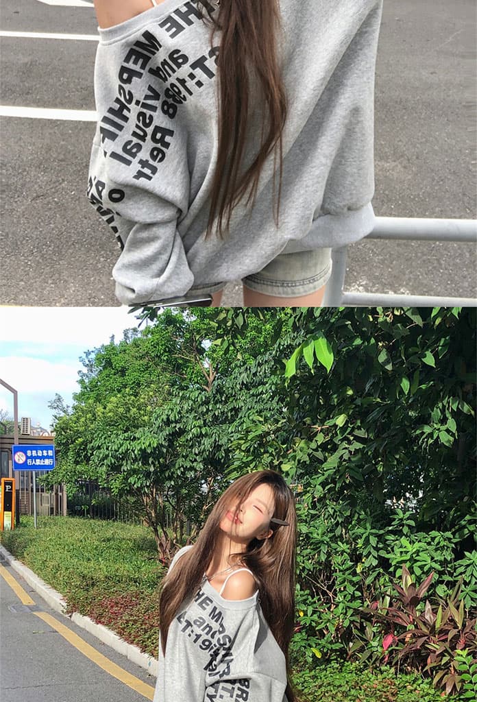 아메리칸 핫걸 알파벳 프린트 후드티 이른 가을 디자인 센스 루즈핏 oversize 비스듬한 어깨 의류 상세 이미지 7