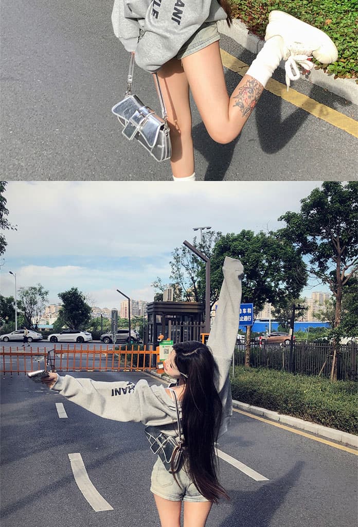아메리칸 핫걸 알파벳 프린트 후드티 이른 가을 디자인 센스 루즈핏 oversize 비스듬한 어깨 의류 상세 이미지 8