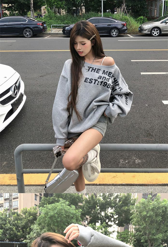 아메리칸 핫걸 알파벳 프린트 후드티 이른 가을 디자인 센스 루즈핏 oversize 비스듬한 어깨 의류 상세 이미지 13