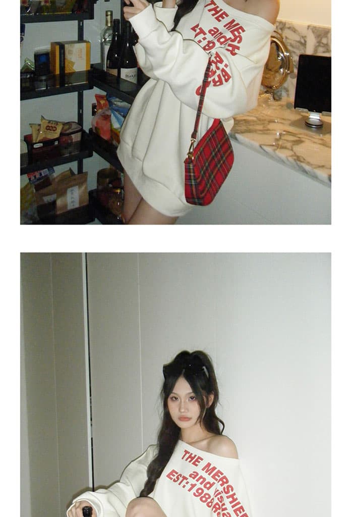 아메리칸 핫걸 알파벳 프린트 후드티 이른 가을 디자인 센스 루즈핏 oversize 비스듬한 어깨 의류 상세 이미지 23