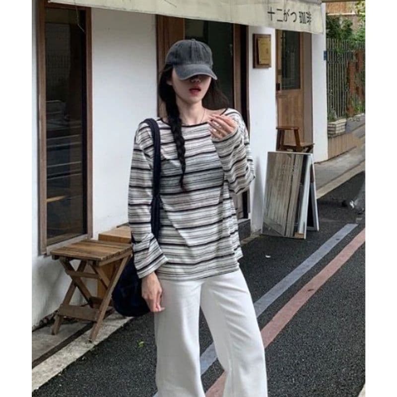 배색 스트라이프 라운드 넥 긴팔 티셔츠 여성 여름 얇은 스타일 자외선 차단 블라우스 이른 가을 에어컨 셔츠 상세 이미지 2