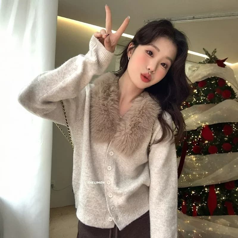 한 부서 품격 부드러운 찹쌀 모피 칼라 긴팔 니트 오픈 가디건 여성 가을 겨울 느긋한 바람 보온 스웨터 코트 쇼트 스타일 맨위 이미지 2
