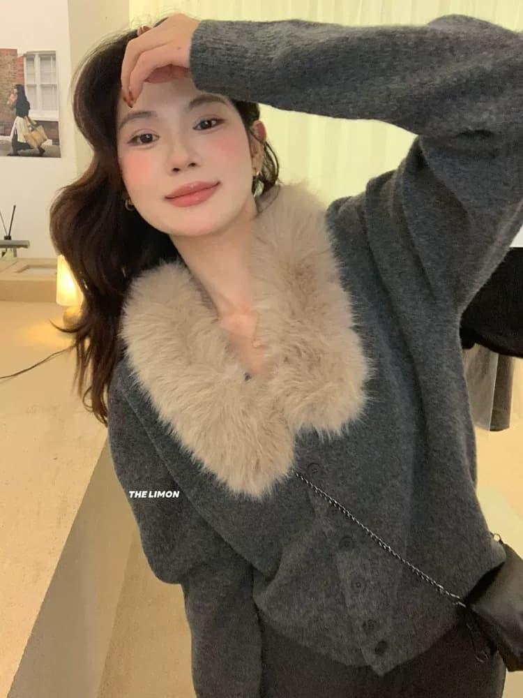 한 부서 품격 부드러운 찹쌀 모피 칼라 긴팔 니트 오픈 가디건 여성 가을 겨울 느긋한 바람 보온 스웨터 코트 쇼트 스타일 맨위 상세 이미지 2