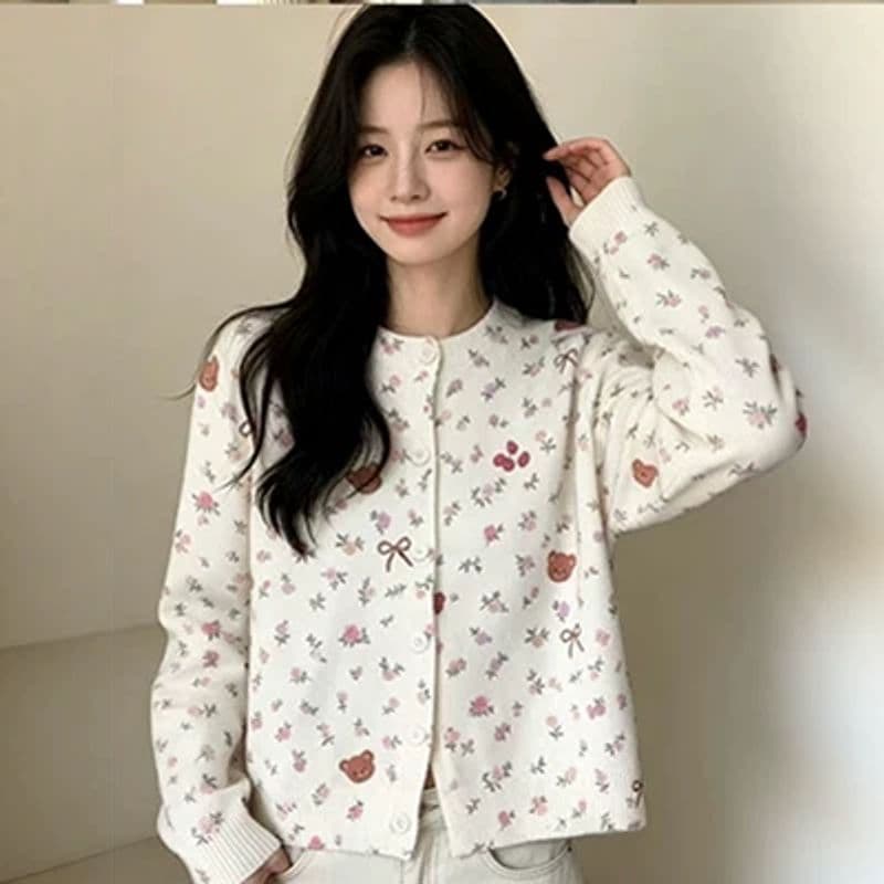 한 부서 꽃무늬 작은 곰 니트 오픈 가디건 여성 가을 새로운 스웨터 코트 슬림해 보이는 다용도 달콤함 연령 감소 맨위 트렌디 상세 이미지 2