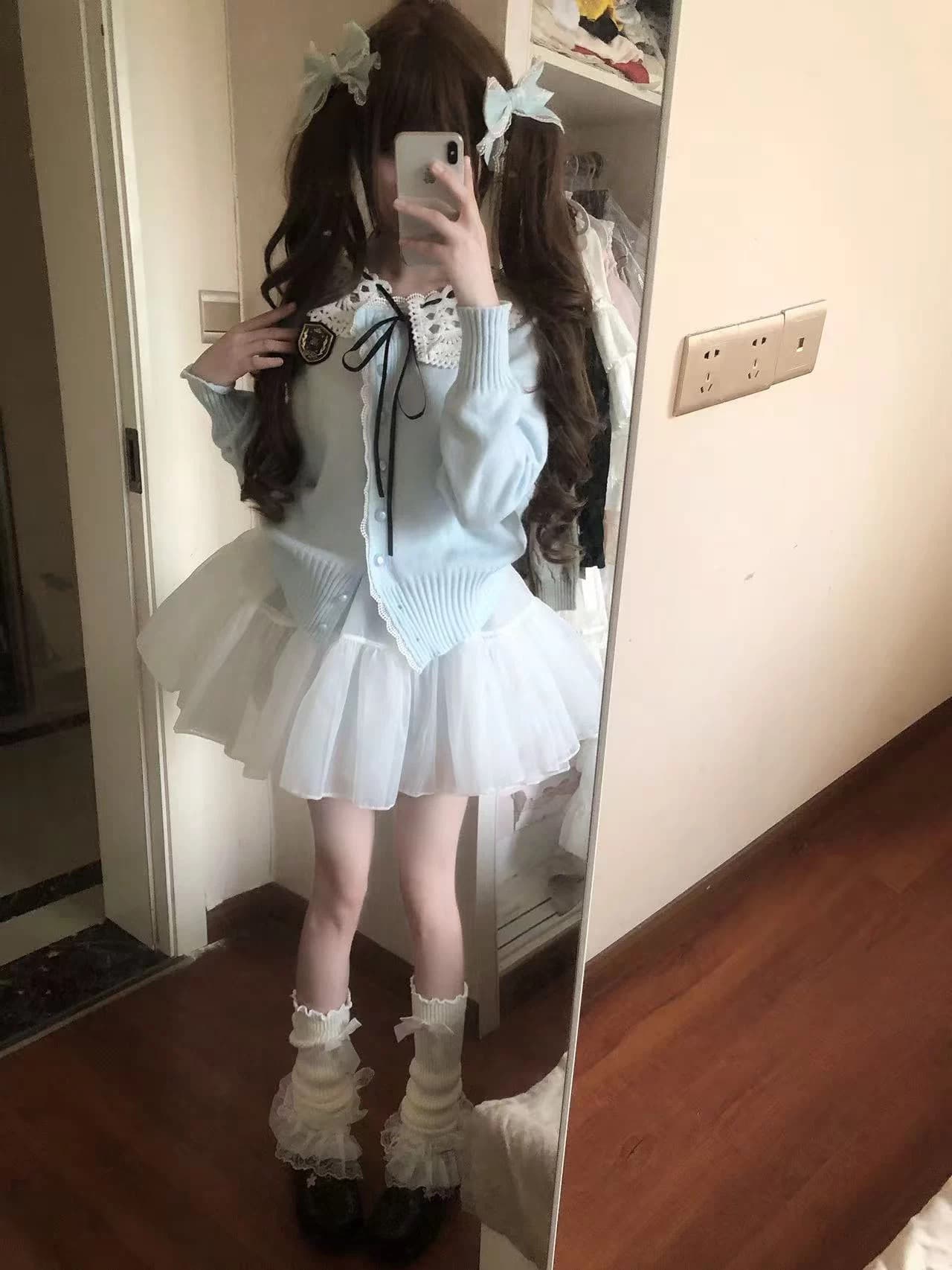 부드러운 찹쌀 하늘색 니트 오픈 가디건 여성 레이스 레이스 칼라 나비 매듭 부드러운 찹쌀 스웨터 코트 상세 이미지 6