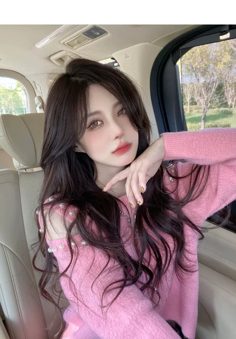 고급 센스 핑크색 무거운 작업 스웨터 여자 초기 가을 새로운 디자인 센스 작은 대중 느긋한 바람 오프숄더 니트 스웨터 맨위 상세 이미지 6