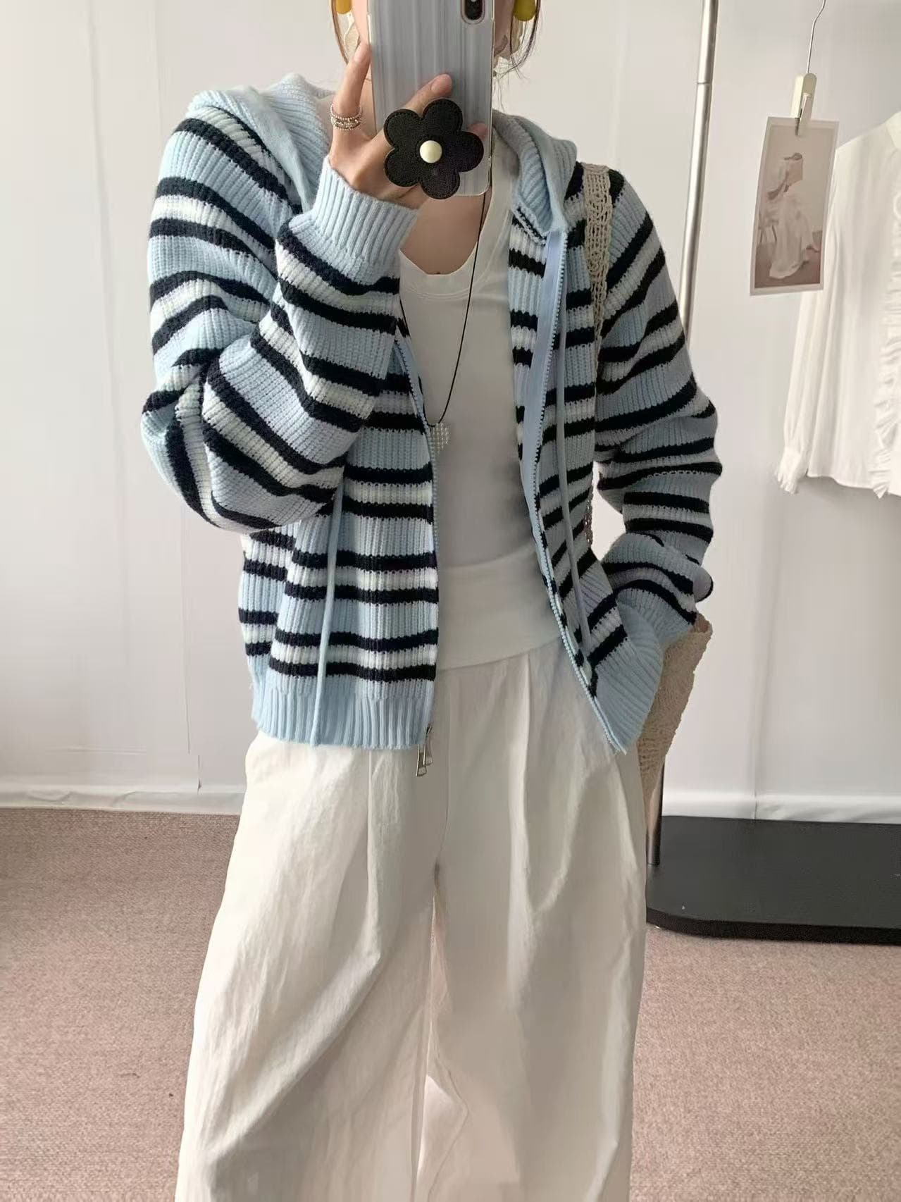 가을 의상 새로운 여성 한국 스타일 루즈핏 패션 스트라이프 후드 더블 지퍼 스웨터 오픈 가디건 다용도 캐주얼 스웨터 코트 상세 이미지 4