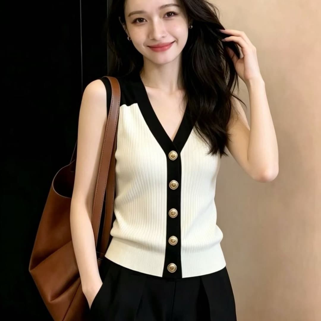 V넥 배색 금속 버클 조끼 니트 스웨터 여성 여름 새로운 몸매 가꾸기 슬림해 보이는 맨위 이미지 4
