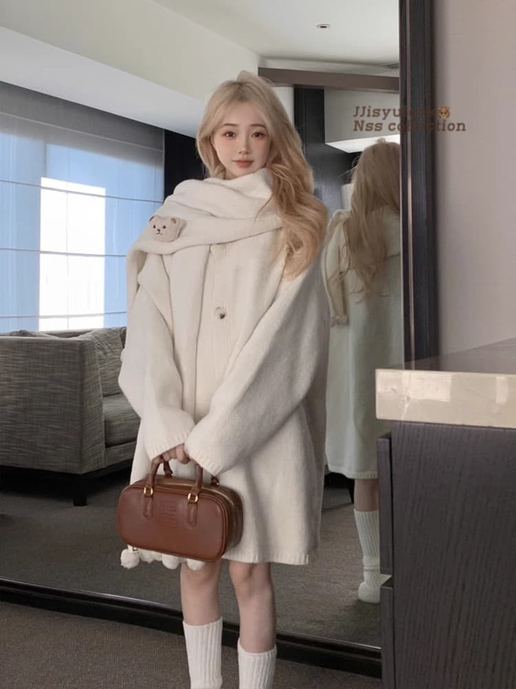귀여운 달콤한 스타일 루즈핏 스카프 스웨터 만나는 여성 드레스 가을 겨울 작은 키 느긋한 바람 니트 스웨터 맨위 이미지 4