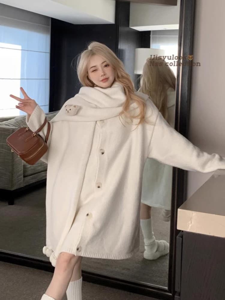 귀여운 달콤한 스타일 루즈핏 스카프 스웨터 만나는 여성 드레스 가을 겨울 작은 키 느긋한 바람 니트 스웨터 맨위