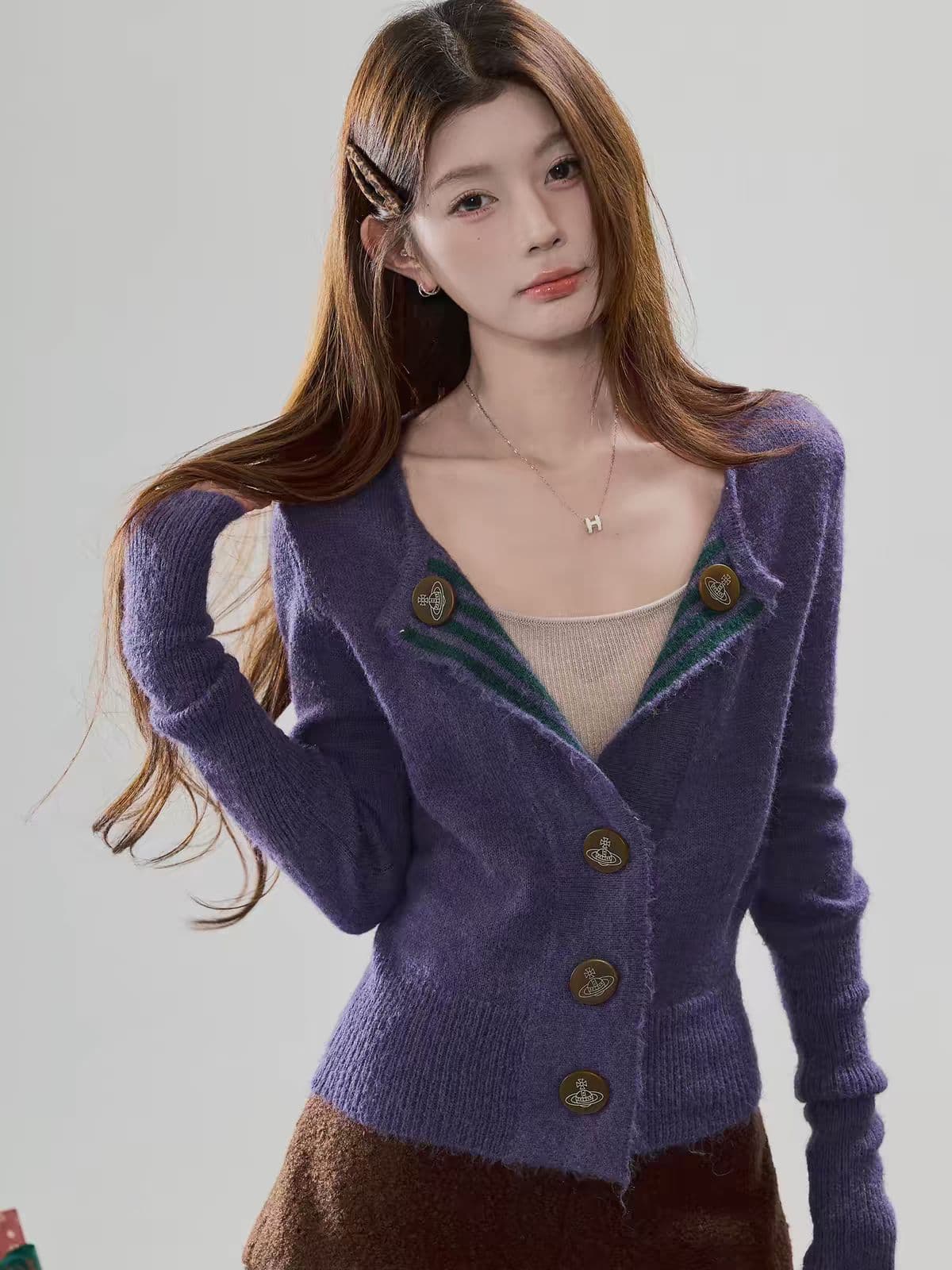 한 부서 배색 해군 칼라 니트 오픈 가디건 여성 짧은 몸매 가꾸기 회색 스트라이프 학원 스타일 긴팔 스웨터 코트 트렌디 이미지 2