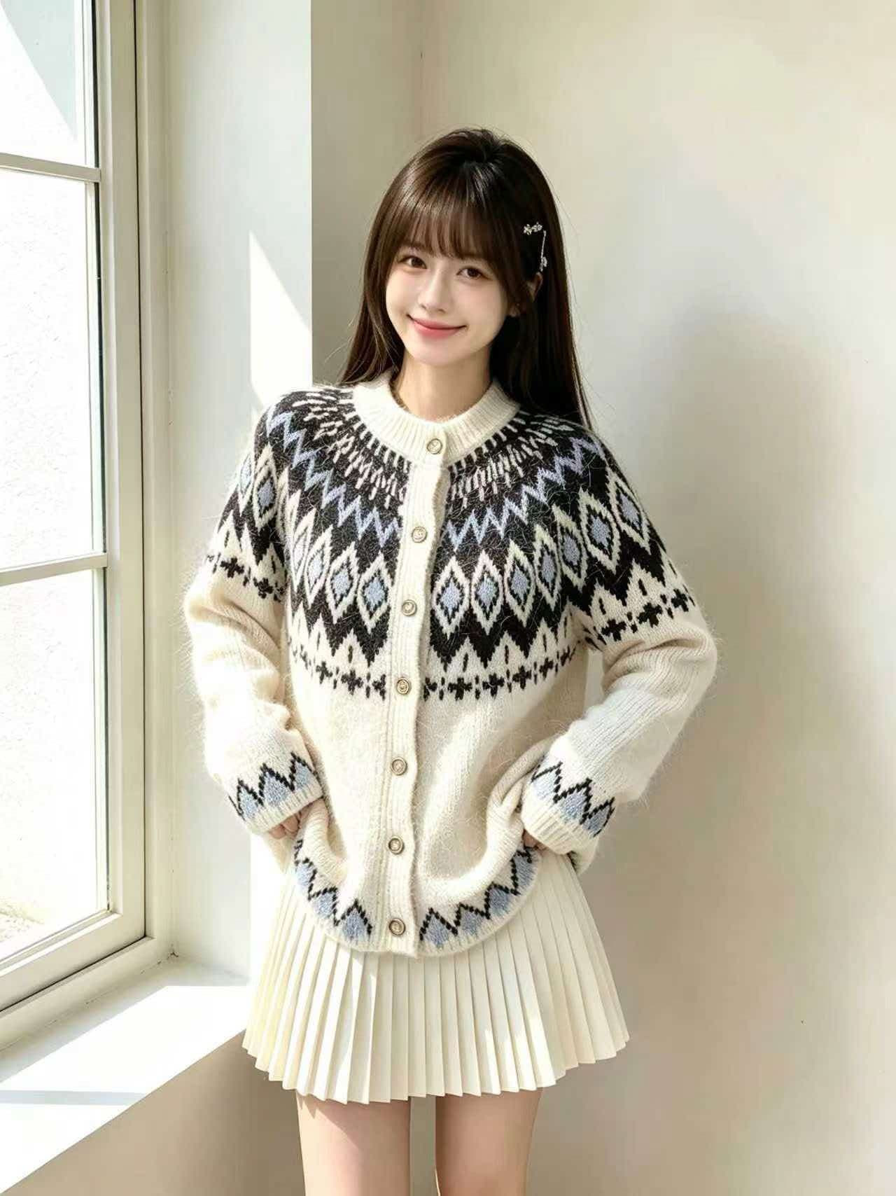 한국 동대문 구매 겨울 부드러운 찹쌀 자카드 루즈핏 두꺼운 니트 스웨터 오픈 가디건 여성 스웨터 코트 트렌디 상세 이미지 2