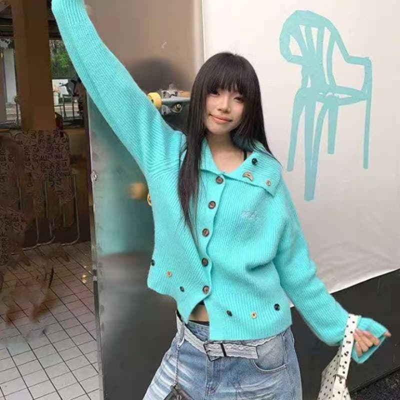 느긋한 바람 파란색 폴로 칼라 부드러운 찹쌀 스웨터 여성 코트 가을 겨울 새로운 작은 키 루즈핏 슬림해 보이는 니트 오픈 가디건 트렌디 이미지 2