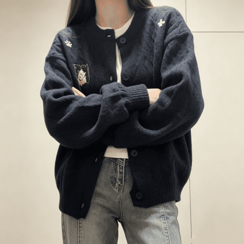 귀여운 강아지 자수 해군 니트 오픈 가디건 여성 느긋한 와이드 부드러운 찹쌀 연령 감소 라운드 넥 스웨터 코트 이미지 3