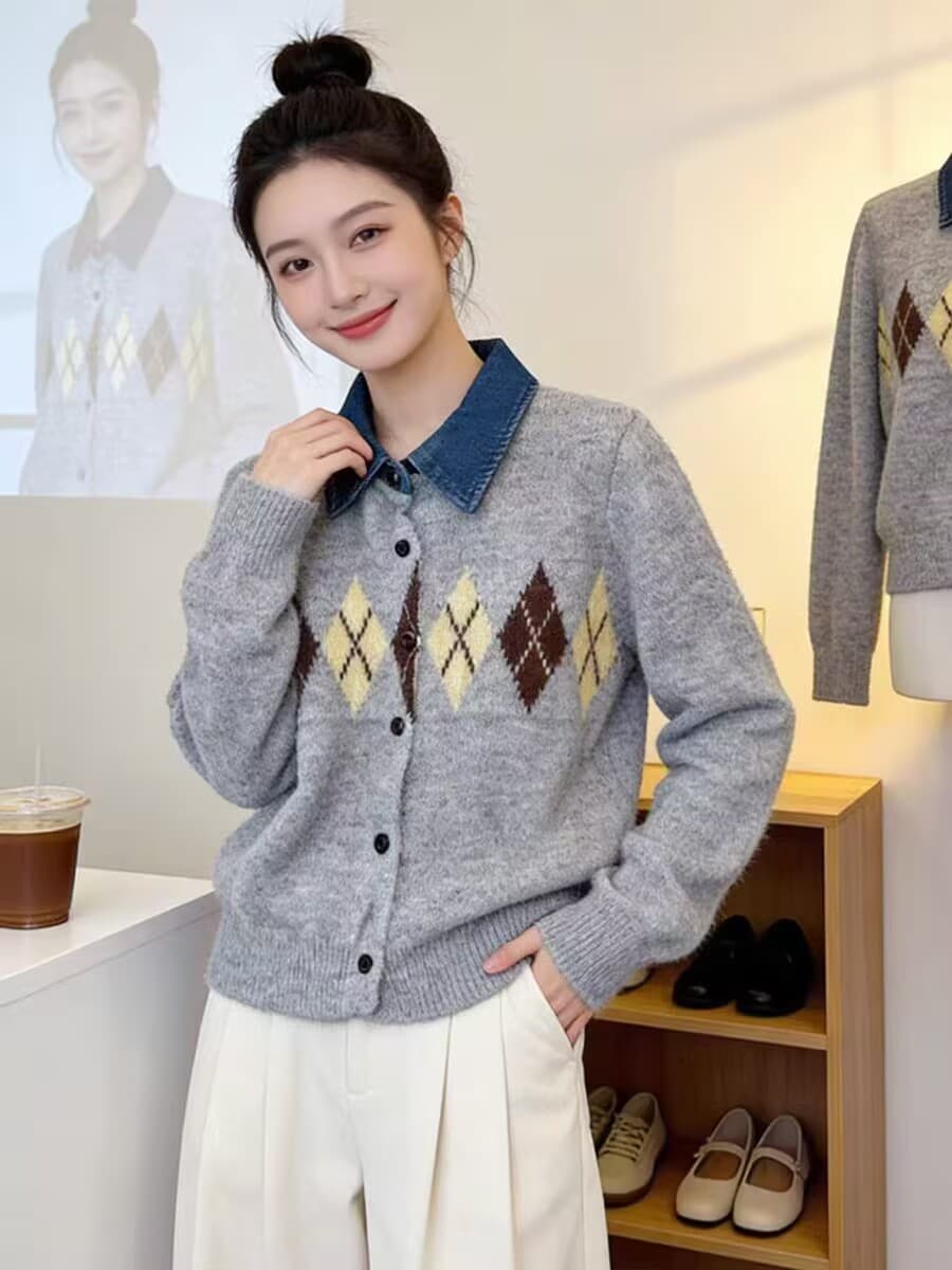 링 그리드 데님 POLO 칼라 긴팔 니트 카디건 코트 스웨터 여자 가을 겨울 상세 이미지 2