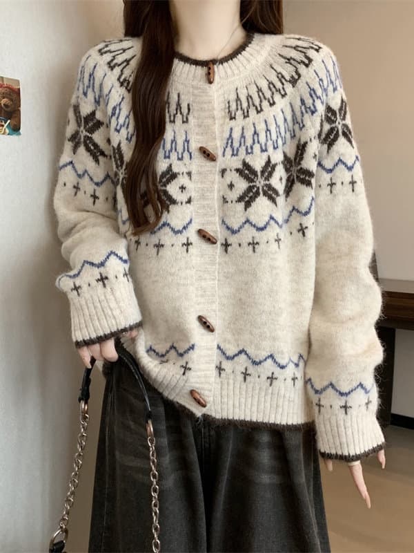 공정한 섬 자카드 배색 스웨터 여성 코트 가을 겨울 빅 사이즈 지방 mm 느긋한 바람 품격 슬림해 보이는 다용도 맨위 여성 상세 이미지 5