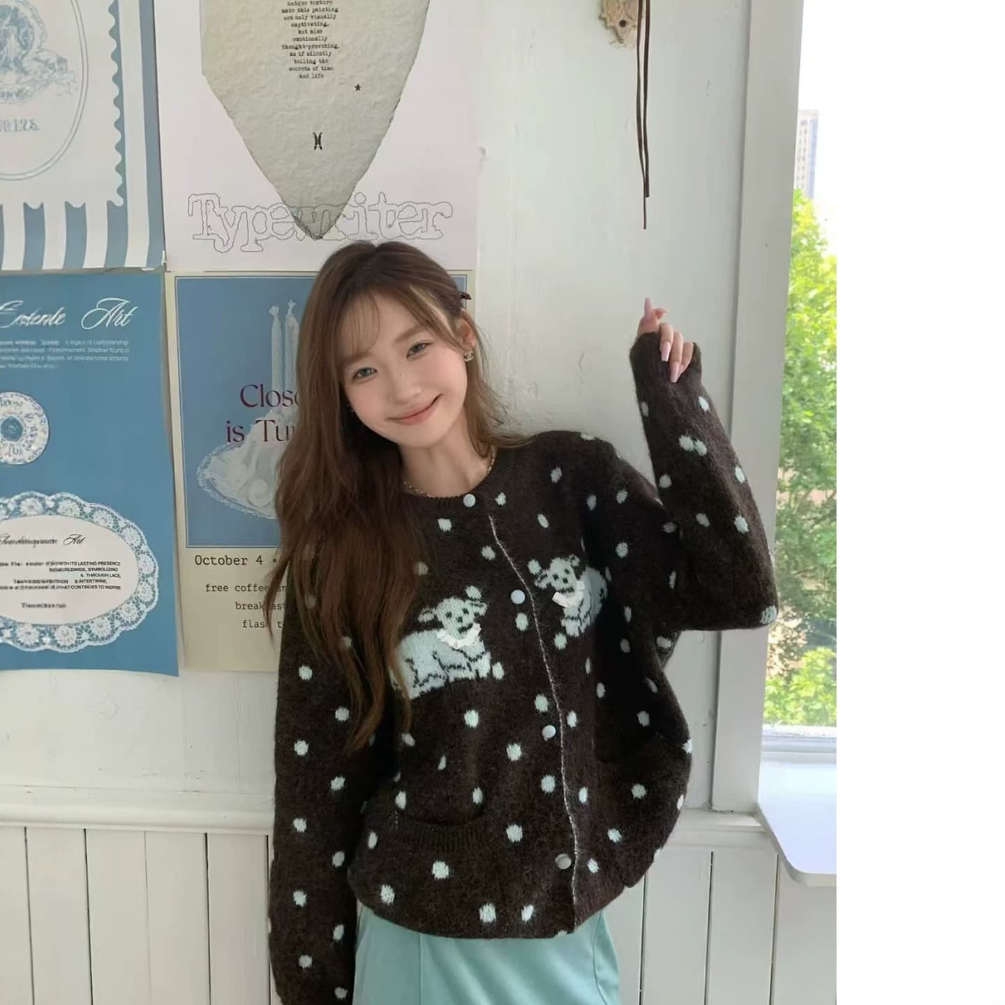 느긋한 바람 레트로 도트 무늬 어린 양 자카드 니트 오픈 가디건 여성 가을 새로운 빅 사이즈 루즈핏 스웨터 코트 맨위 이미지 5