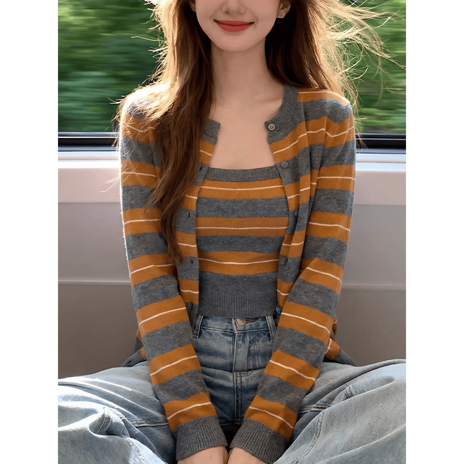 한 부서 주황색 스트라이프 스택 착용 니트 오픈 가디건 여성 조기 가을 디자인 센스 스웨터 코트 외부 가져 가라. 두 조각 스타일 맨위 이미지 5