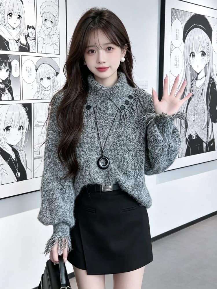 고유 한 아름다운 우아함 바람 터틀넥 술 니트 스웨터 여자 2026 새로운 가을 프랑스식 사소한 루즈핏 맨위 상세 이미지 3