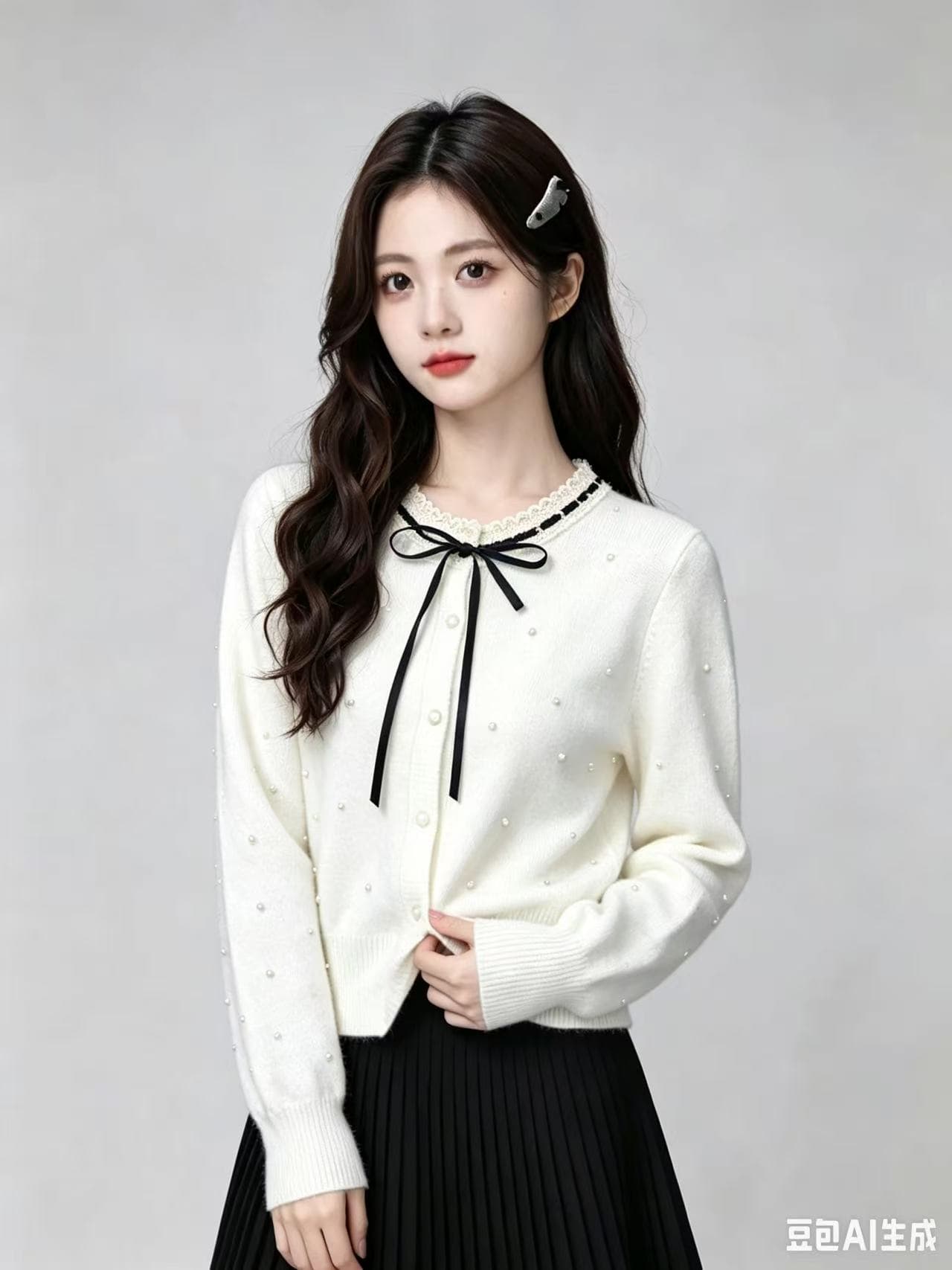 작은 샤넬 스타일 레이스 칼라 나비 매듭 비즈 박기 스웨터 오픈 가디건 여성 핫걸 봄 새로운 달콤함 니트 쇼트 스타일 재킷 상세 이미지 6