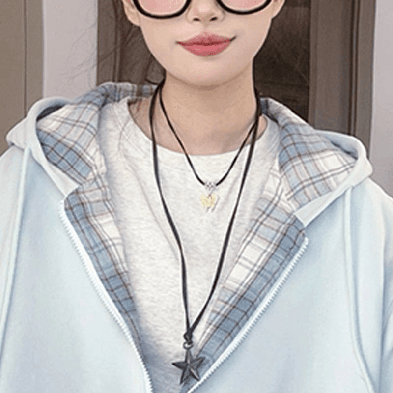 블루 체크무늬 후드 티 스웨터 루즈핏 재킷 이미지 4