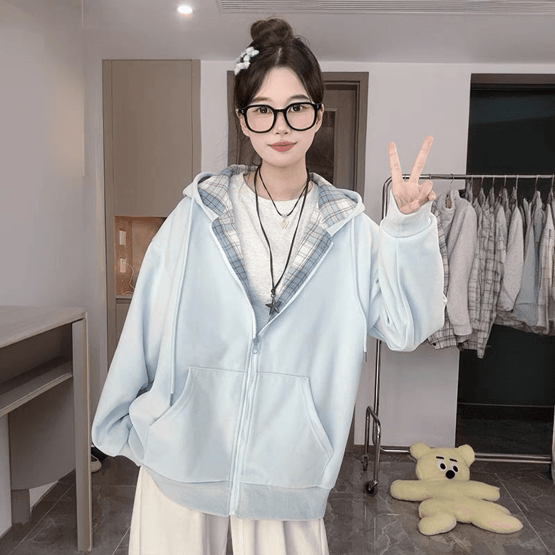 블루 체크무늬 후드 티 스웨터 루즈핏 재킷 상세 이미지 3