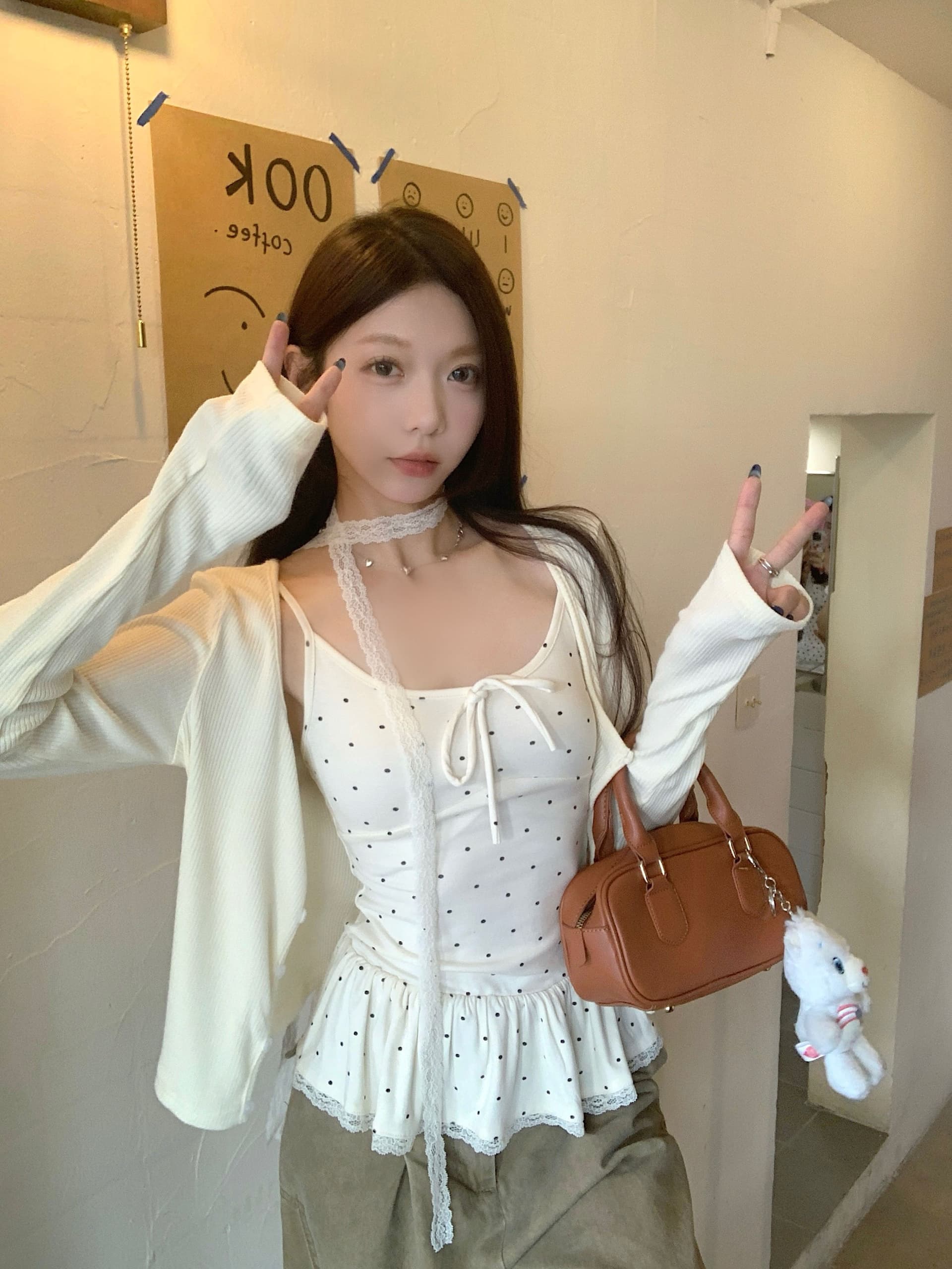 레트로 품격 세트 여성 가을 긴팔 오픈 가디건 만나는 도트 무늬 슬립 맨위 투피스 세트 이미지 4
